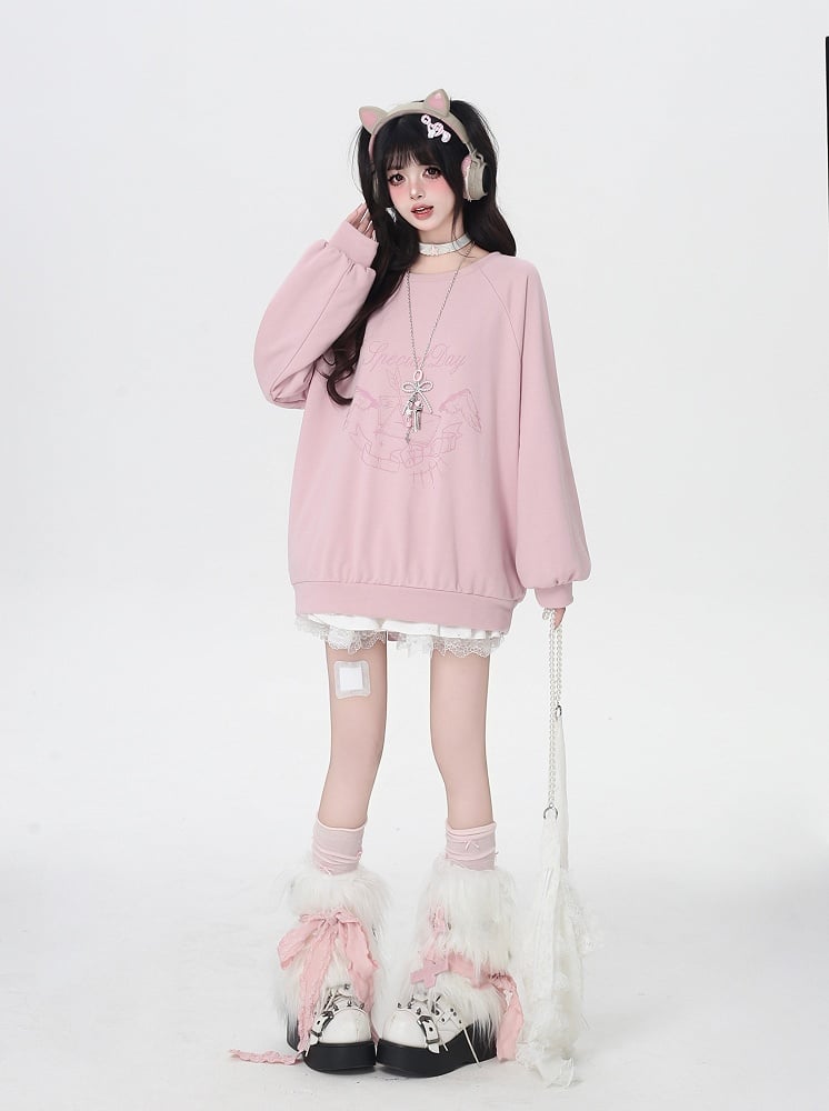 Rundhals-Sweatshirt mit Grafik und Schleife zum Selbstbinden auf der Rückseite, Rosa/Schwarz