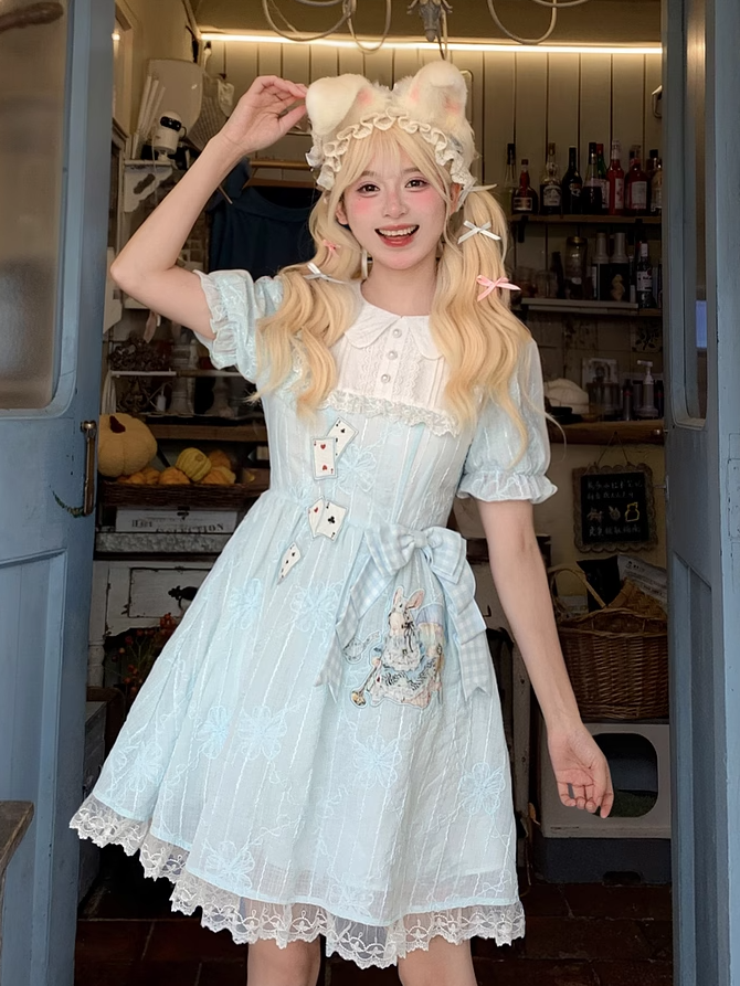 Embroidery Blue Puff Sleeves Dress in Wonderland Vibes Bunny Alice