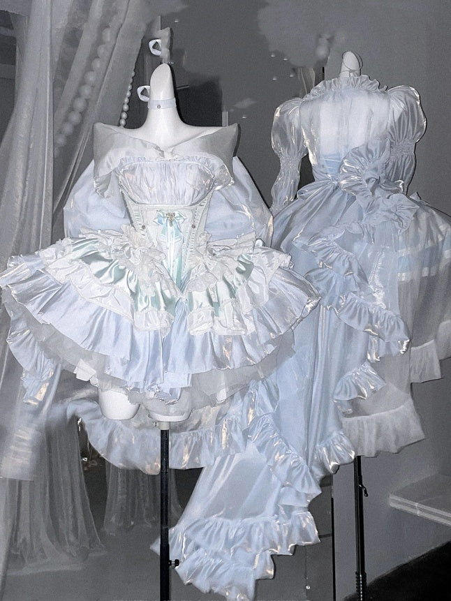 Ruffles Long Top Sleeves Sheer Cascading Hem Blue