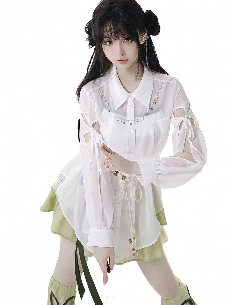 White Sheer Chiffon Style Shirt Long Sleeves Version Butterfly-shaped Cutout Cheongsam