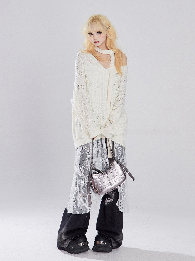 Apricot/Black V-neck Hollow-out Knitted Sweater