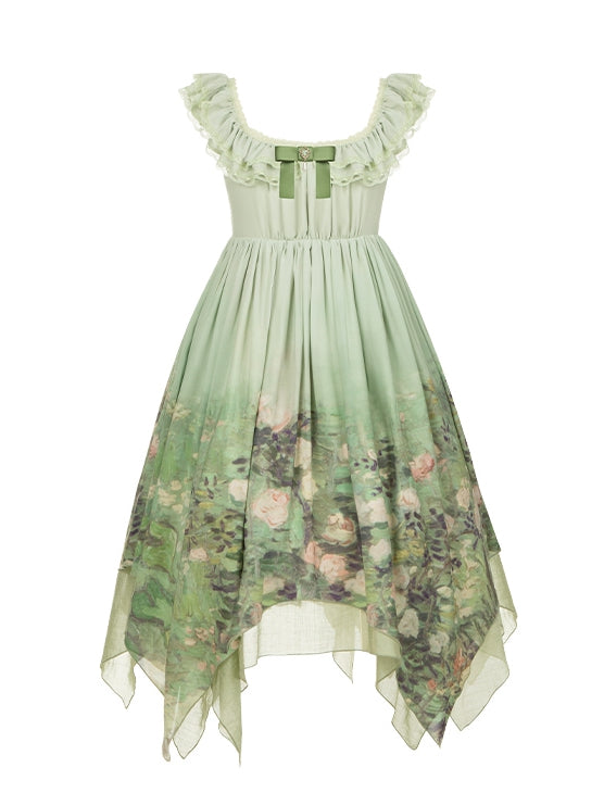 Taillenpullover Ölsaum Taschentuchrock Lolita Print Empire Grüne Malerei