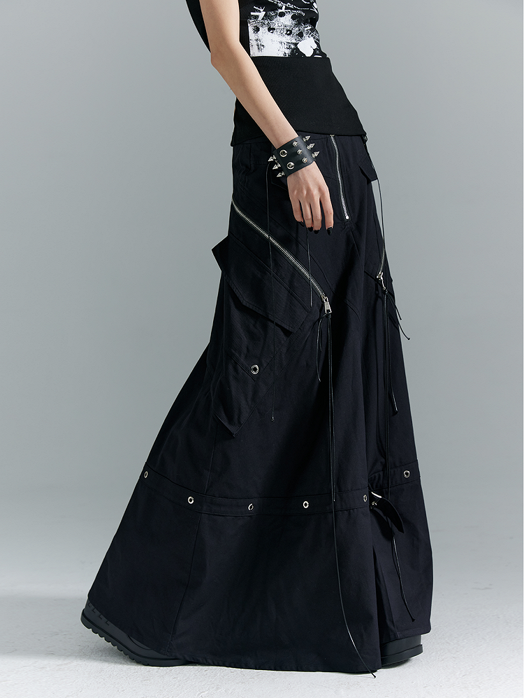 Black A-Line with Buckles Punk Pockets Metal Skirt Zippered