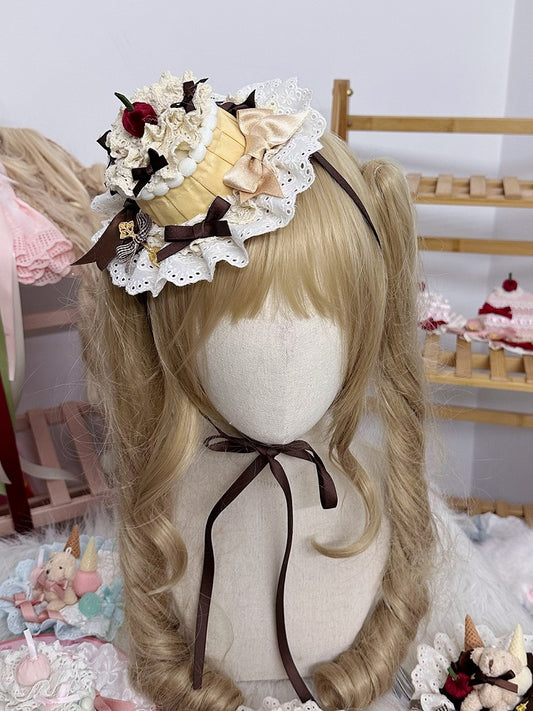 Decorations Shaped Bow and Sweet Yellow/Pink/Blue with Cake Hat Mini Lace Lolita