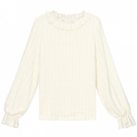 Beige Ruffle Neckline Long Sleeves Top