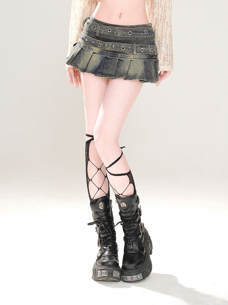 Blue Low Pleated Skirt Glamorous Waist Studded Buckle Strap Mini