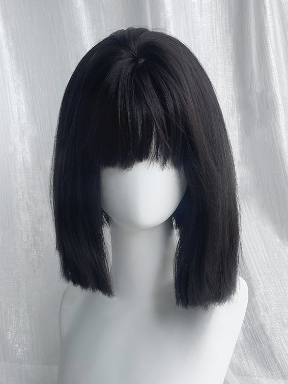 Black Tea Short Straight Synthetic Wig With Full Bangs