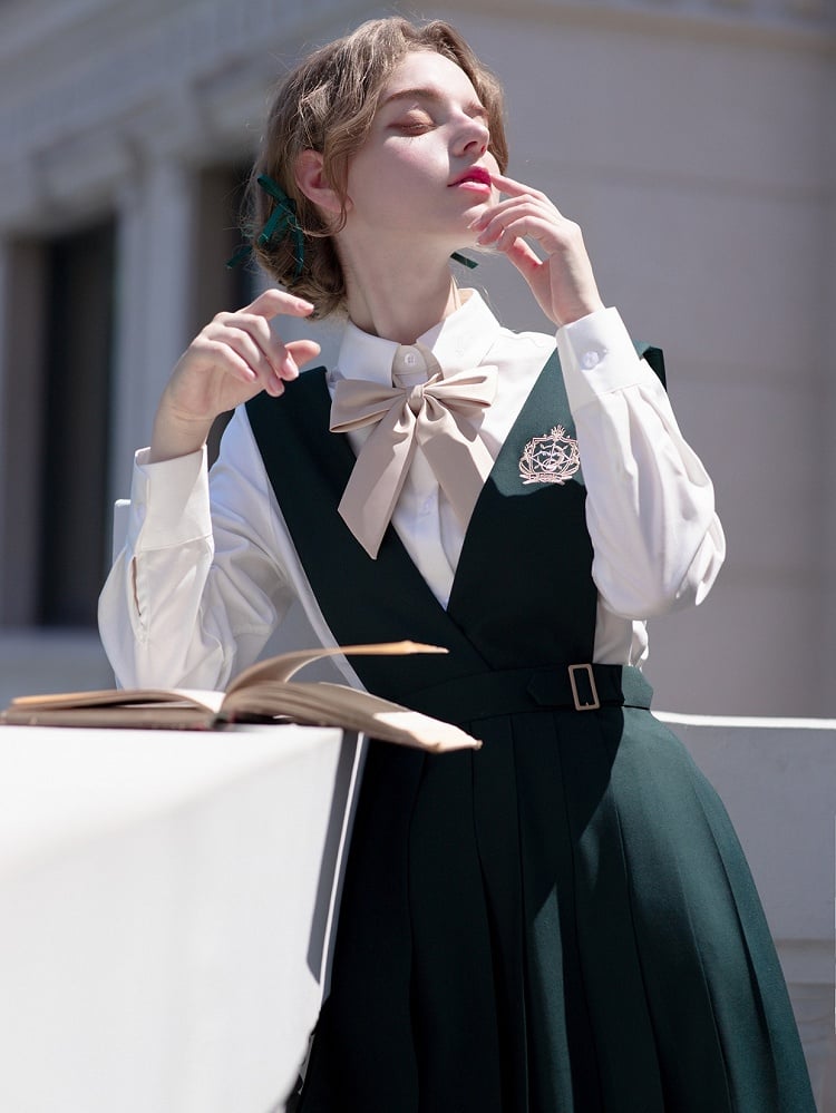 Green Belt with Embroidery 65 Preppy Overalls Box Pleat Skirt / and 70cm Dark
