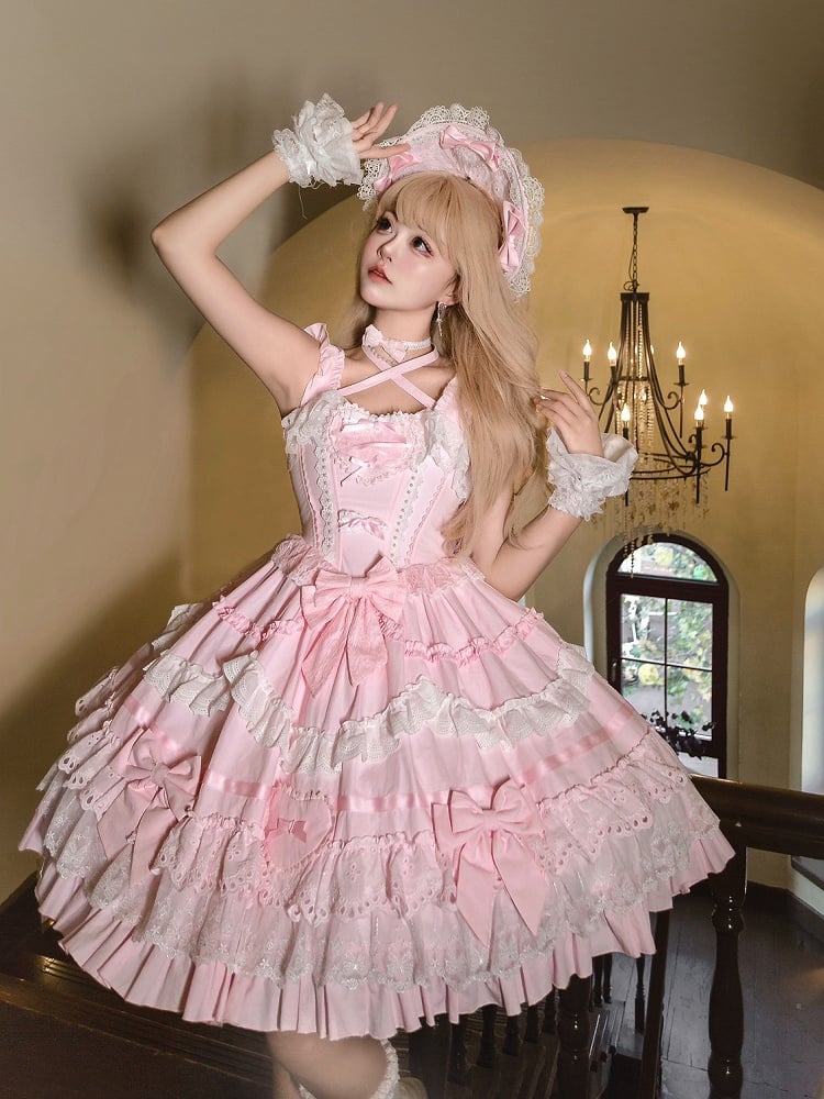 Rosa und weißes Old School Lolita-Kleid mit Schleifen und herzförmiger Dekoration, Prinzessinnen-Lolita-Pulloverrock