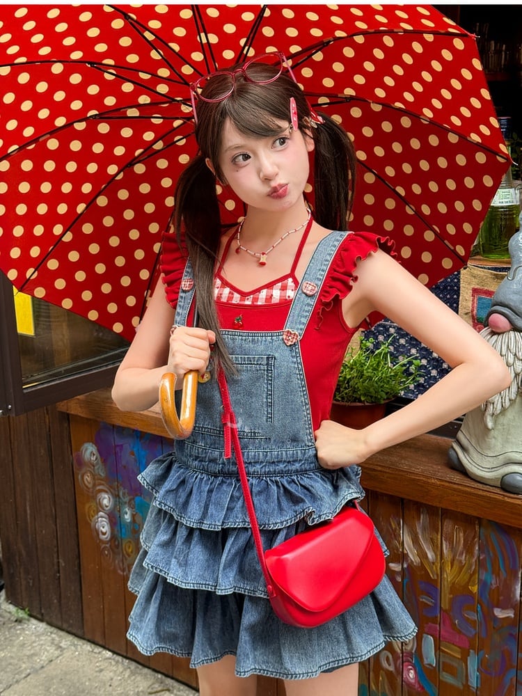 Faux Tank Top Neckline Embroidery Red Halter Neck Flutter Sleeves Cherry Two-pieces