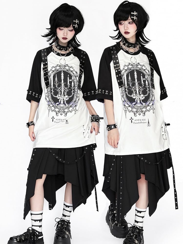 Shoulder Punk on Buckle Frame Print Picture with Cuffs Candelabra Rock Black White T-Shirt and - Details