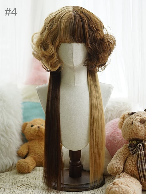 Split Color Waist Length Curly Wig With Full Bangs