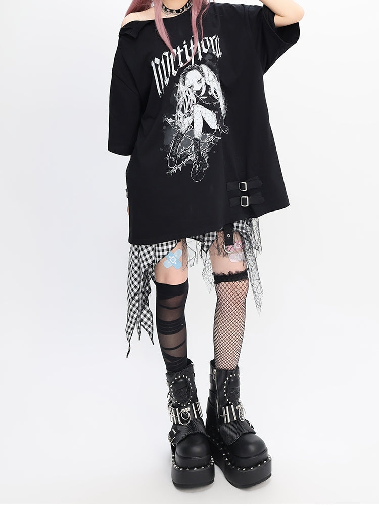 Y2K Black Snap Details Neckline Anime Print Girl Loose T-shirt