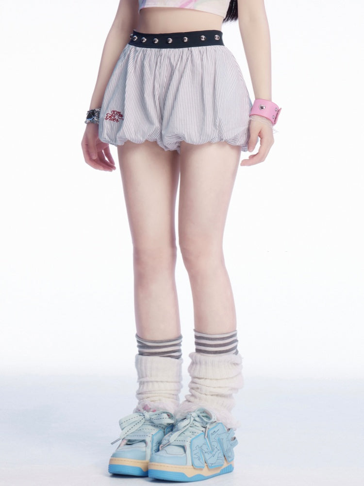 Embroidery Mini Bubble Skirt Pattern White Striped Letter