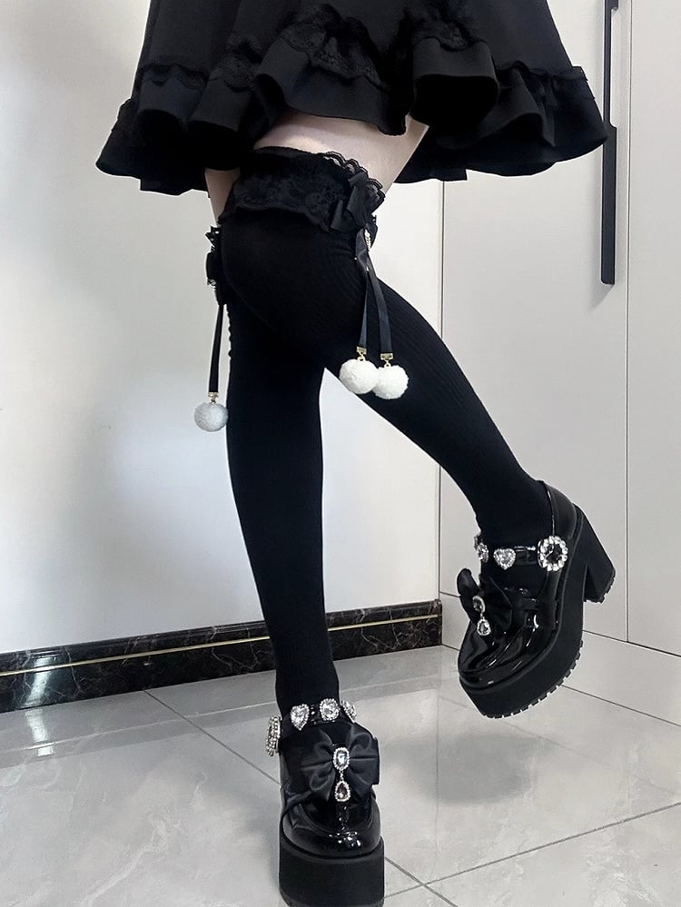 Jirai Kei Pompom-Details Spitzenbündchen Schleifen Overknee-Strümpfe