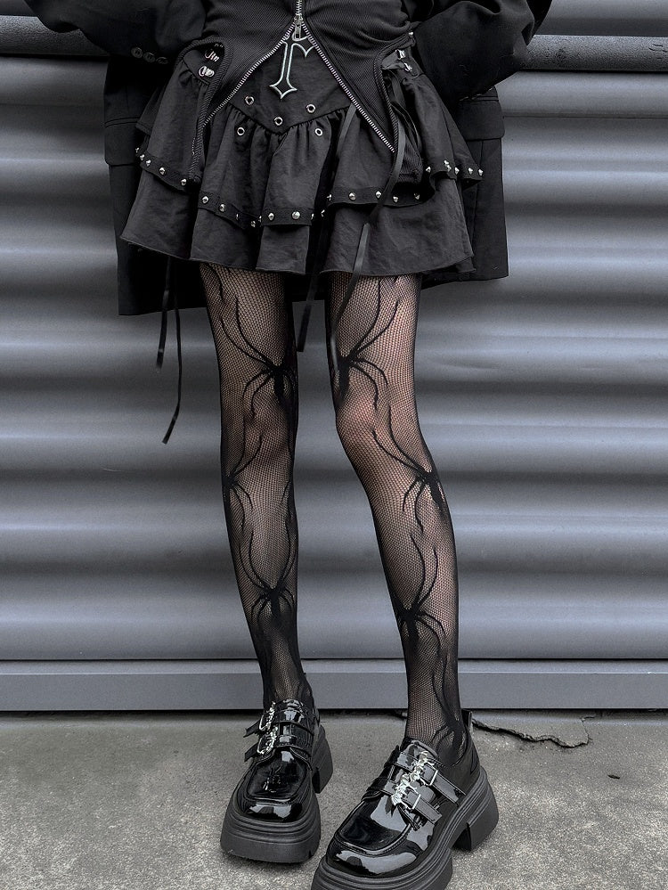 Gothic Punk Black Spiders Pattern Fishnet Tights