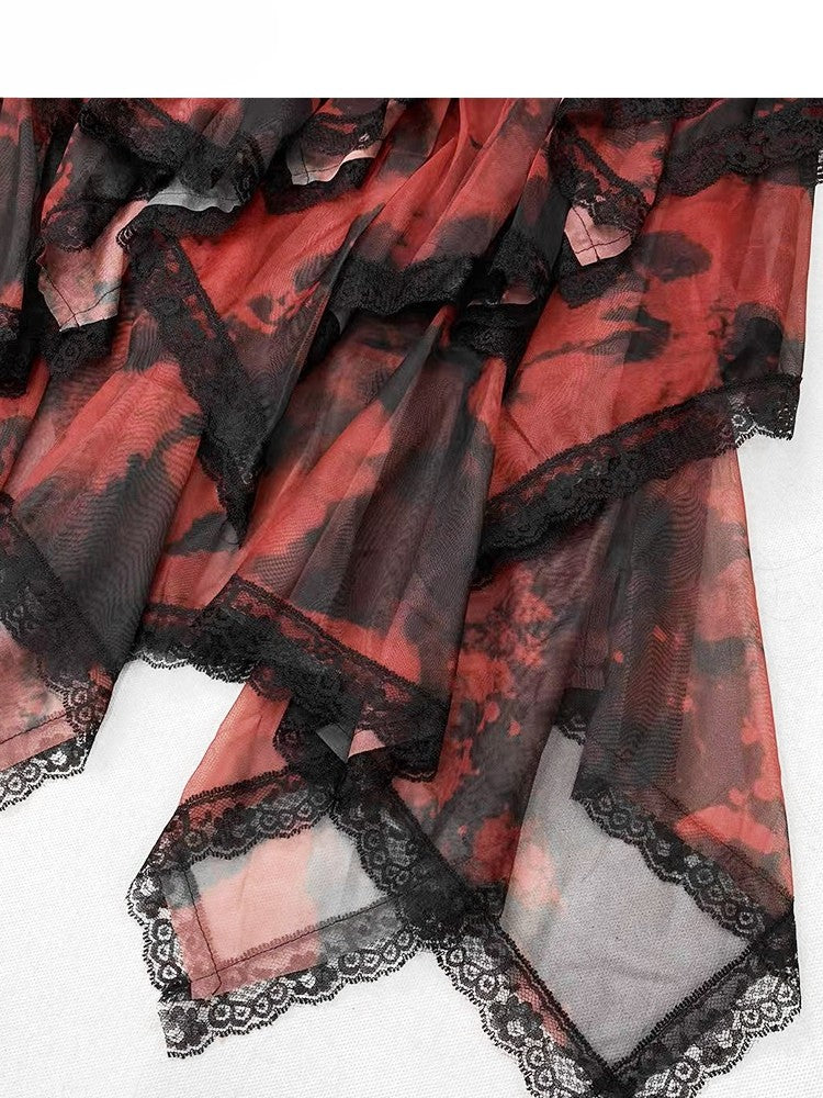 Glamorous Tiered Cross Top Plaid Details Bittersweet + Red Skirt Dye Black Tie Set- Dress Cami
