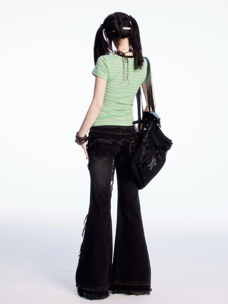 Black Low Waist Raw Hem Vintage Flared Cargo Jeans