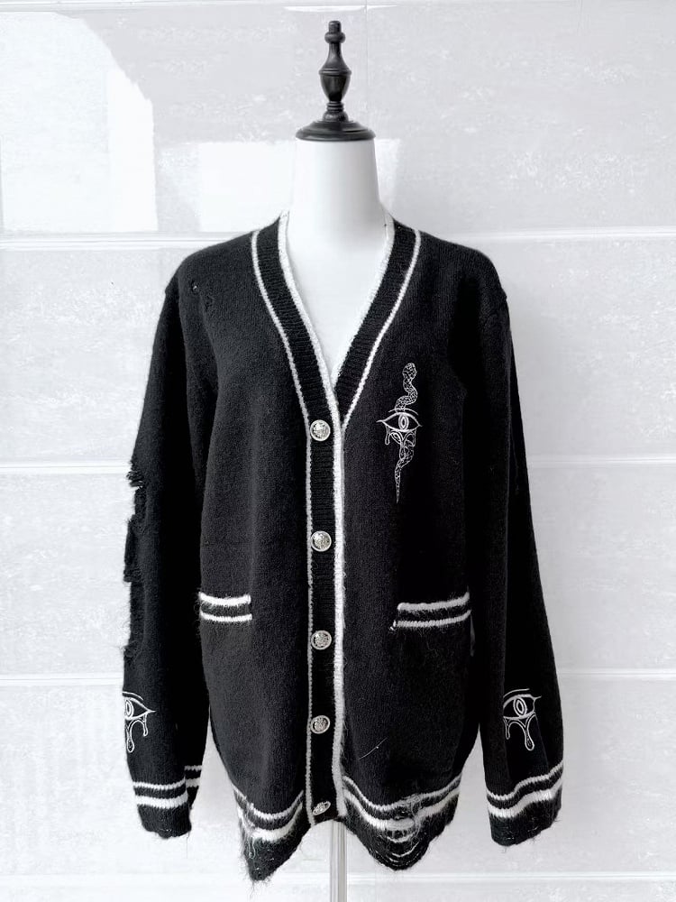 Eye and Snake Embroidery Knit Cardigan Guro Distressed Holes Kawaii Black with