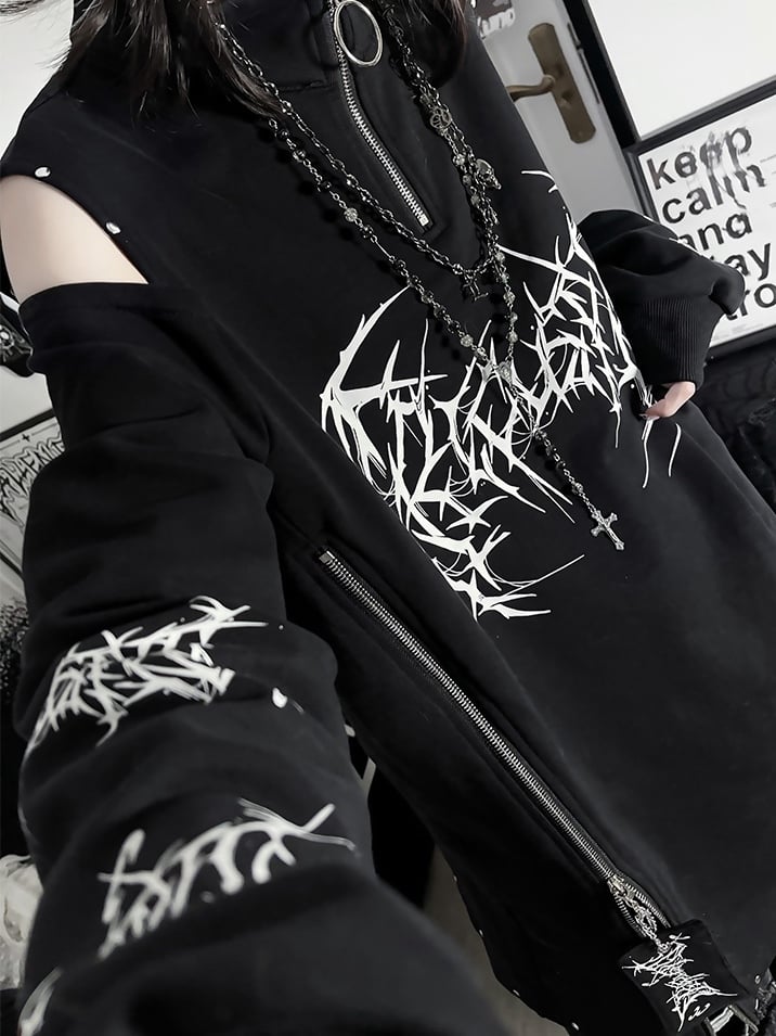 Emo Punk Shoulder Cutout BlackRed Sweatshirt Design