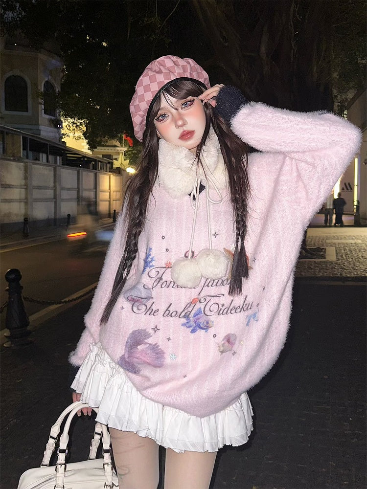 V-Neck Plush Sweater with Oceanic Prints Cozy Pink Stripes