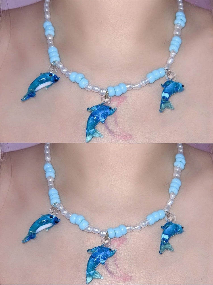 Necklace Blue Pendant Beaded Y2K Dolphin
