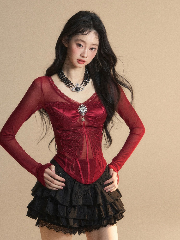 Red V-neck Top Rhinestone Embellished Glamorous Butterfly Embroidery