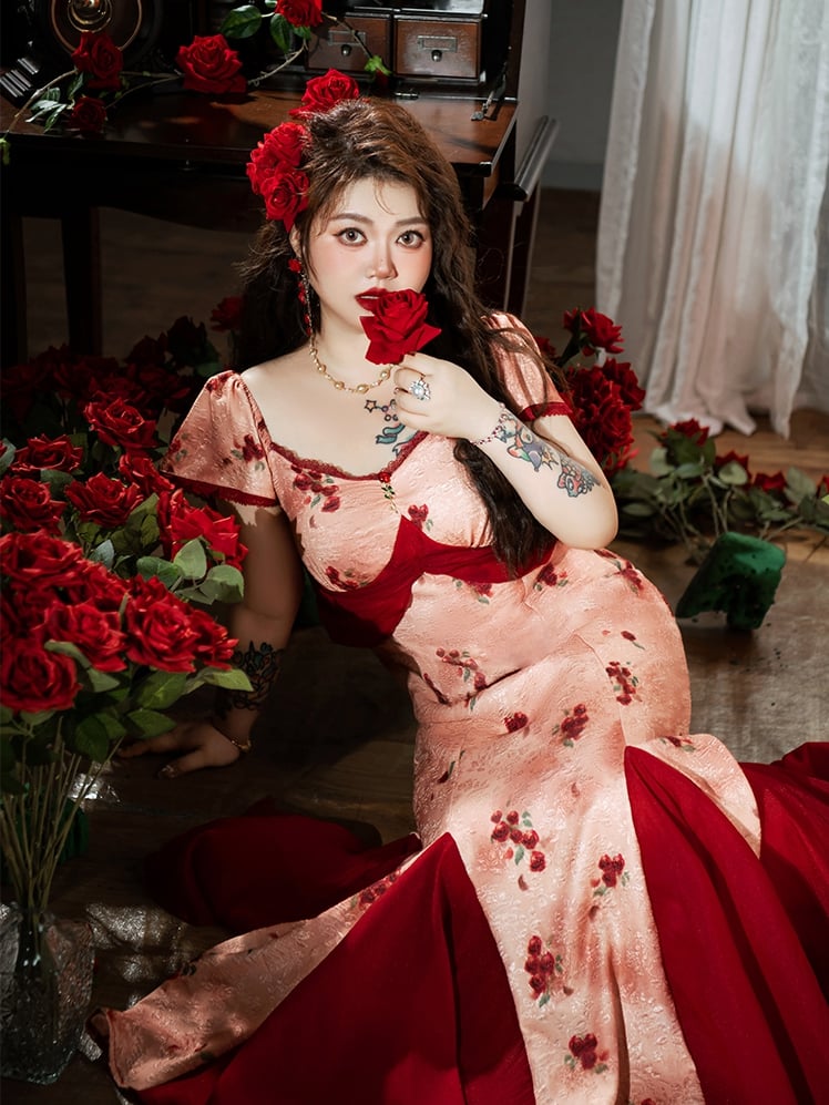Hem Skirt Plus Size Mesh Red Rosette Print Dress Patchwork Mermaid