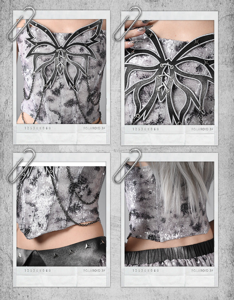 Top Fashion Grey Butterfly Chain Sequins Y3K Fishbone Strapless Cyberpunk Futuristic Silver Decorated