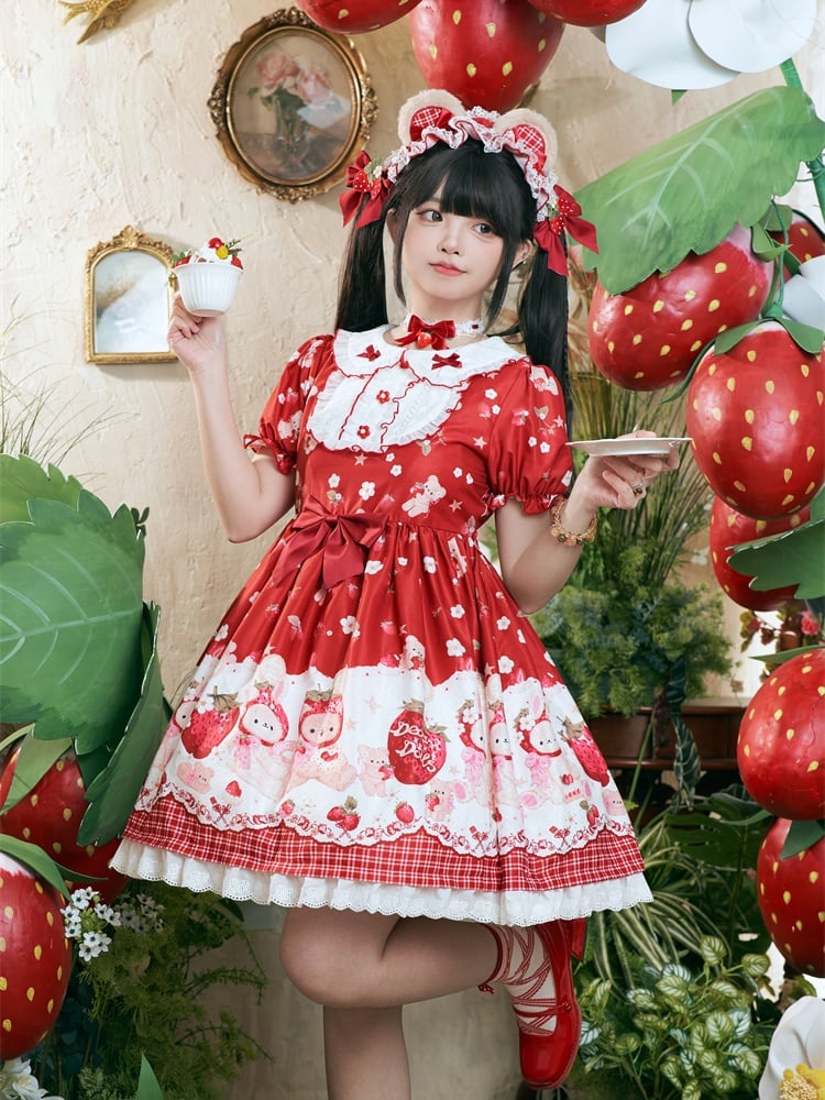 Wine Red Strawberry Bear Sweet Lolita Dress Cottagecore Country OP