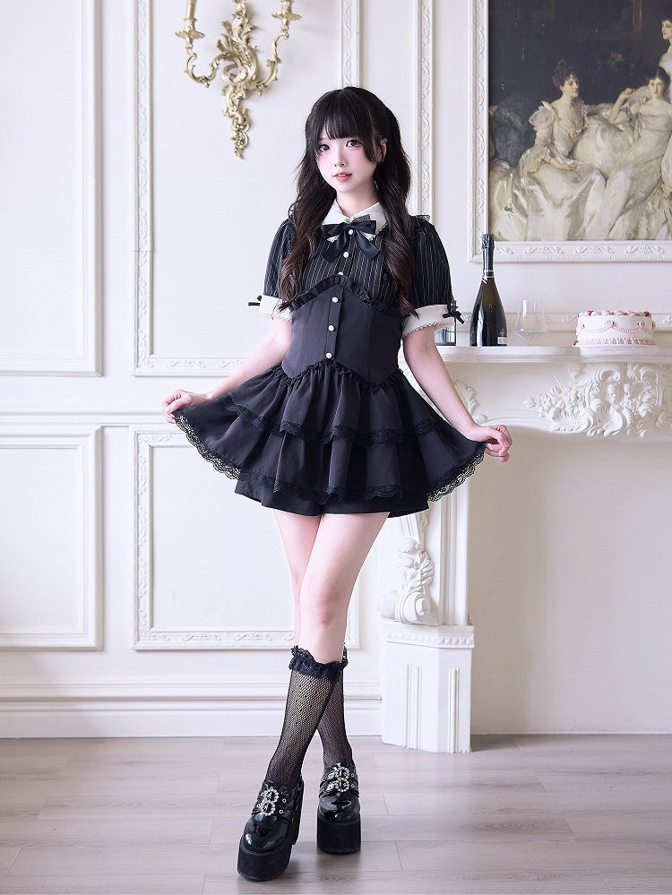 Shorts Faux Two-pieces and Dress Layered Kei Skirt Lace Black Jirai Striped Set- Trim
