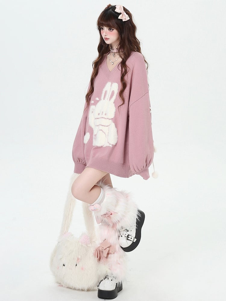 Bunny Pink Detail Sweater V-neck Sleeves Plush Cute Loose Lace-up at with