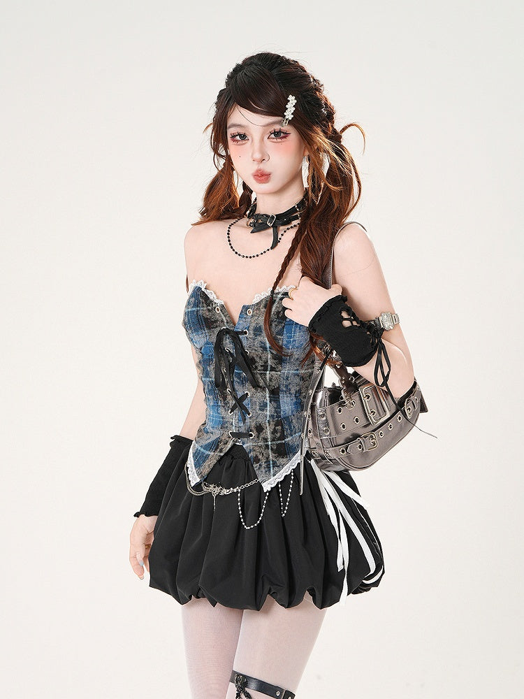 Leopard and Strapless Top Pattern Plaid Brown/Blue Lace-up Front Lace Trim