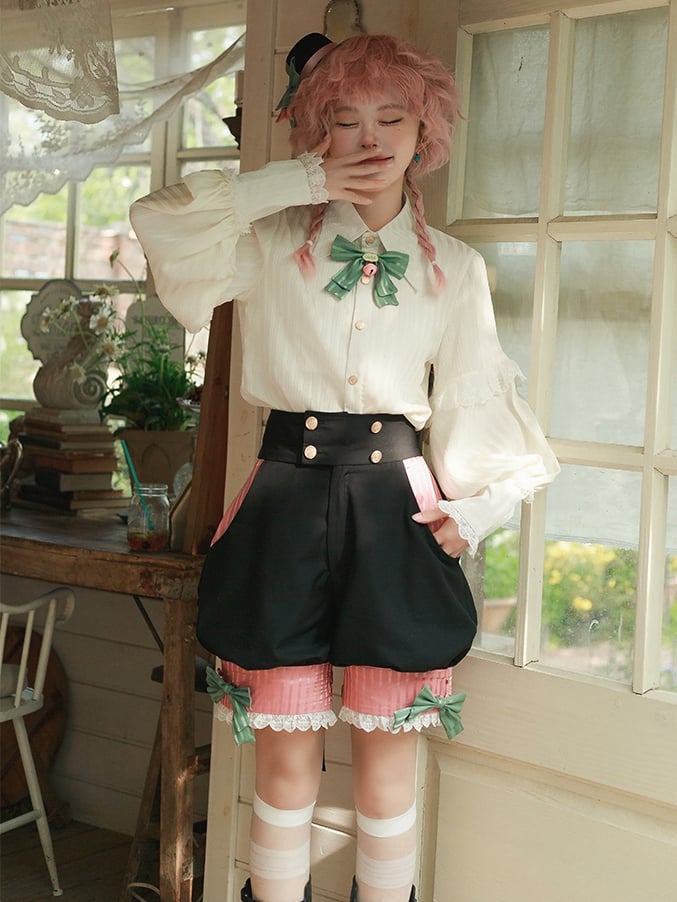 Hemd Foldover Spitz Ouji Kragen Lolita Ärmel Lange Creme