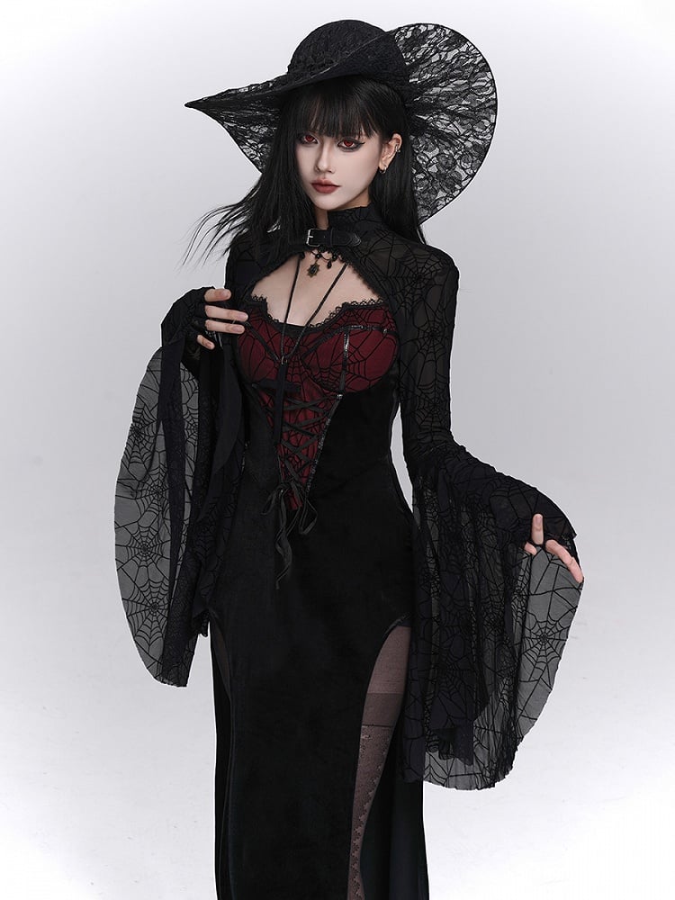 Spiderweb Cross-Lace Dress Thigh Red Slits Halloween Gothic Slip Print with Black Detail