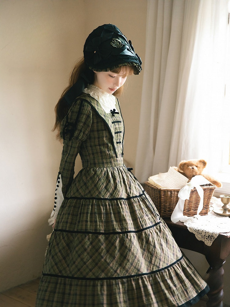 with Sleeves Elegant Classic Plaid Dress and Black Long Neckline Green Piping Lace Lolita