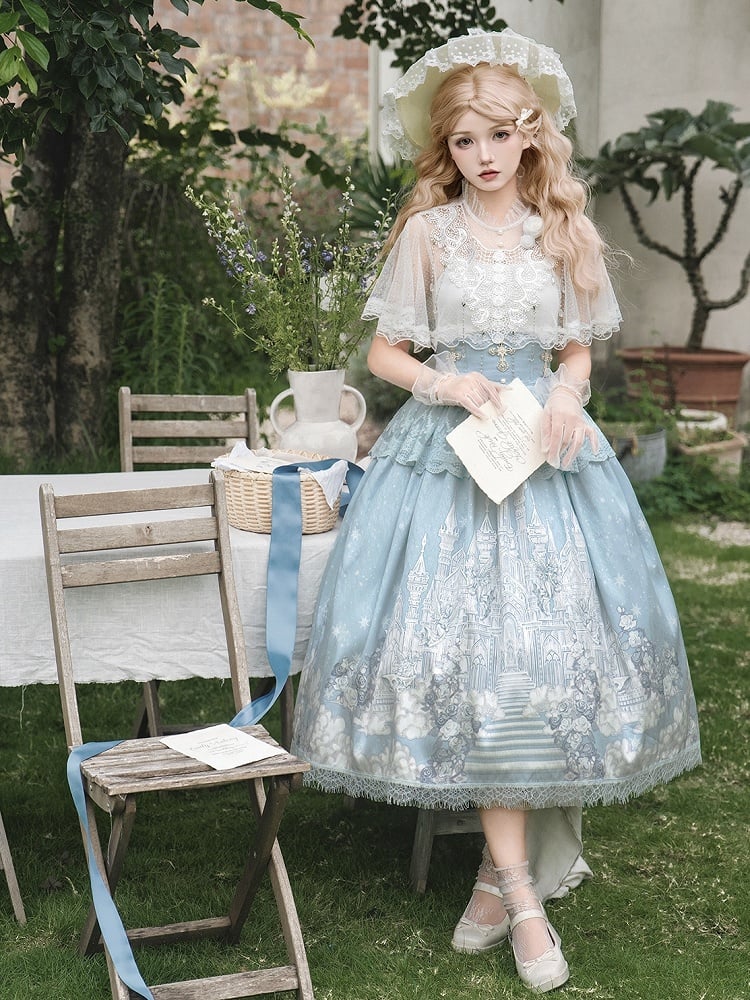 White Skirt High Cape Waist Top Cami + Tulle Print Castle Blue