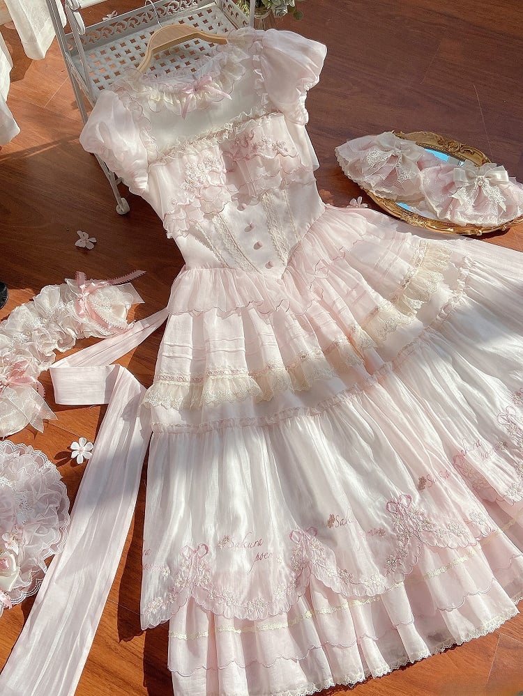 Embrodery Short Pink Dress Mini Blossom Delicate Sleeves Cherry Lolita Princess