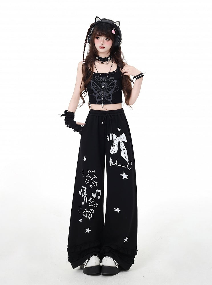 Vintage Black/Light Gray Bow and Star Print Wide-Leg Pants