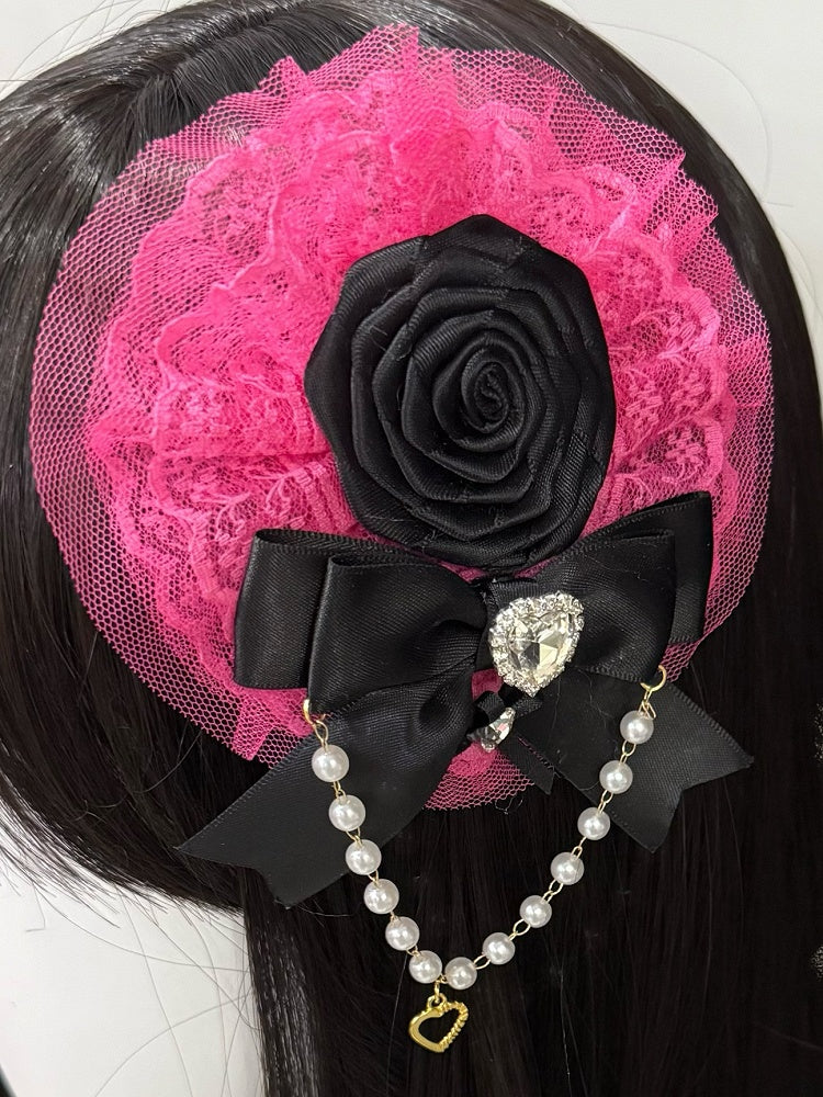 Beaded Trim Floral Design Decorated And Pink/Rose Charm Bowknot Rhinestone Heart Lace Hairclip Red