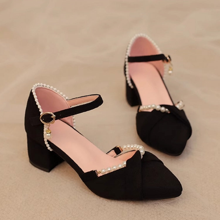 Dekor-Kettenschuhe, kompliziertes Qi, spitz zulaufend, mit schwarzer Spitze – Absatz, mittelhoher Absatz, Perlensandalen, Lolita, abnehmbare Rückseite, Wildleder