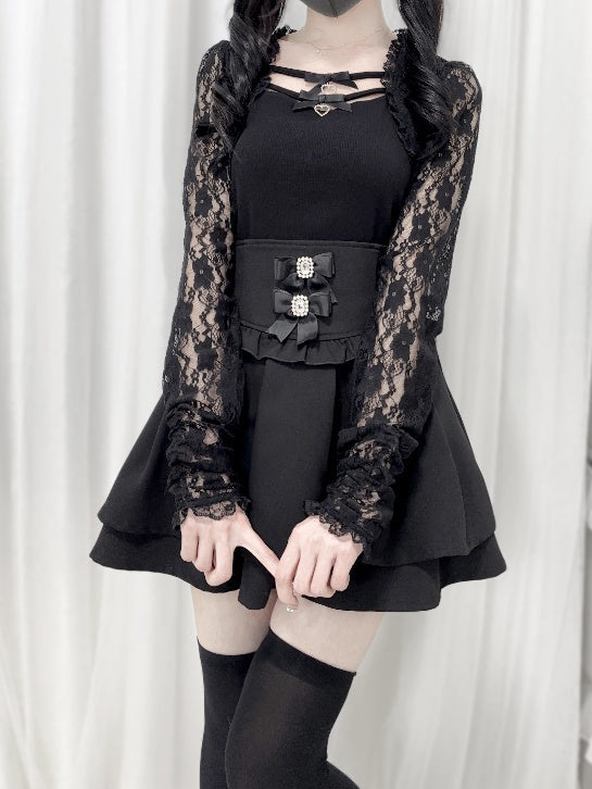 Jirai Kei Black/White Bowknots Neckline Lace Sleeves Top
