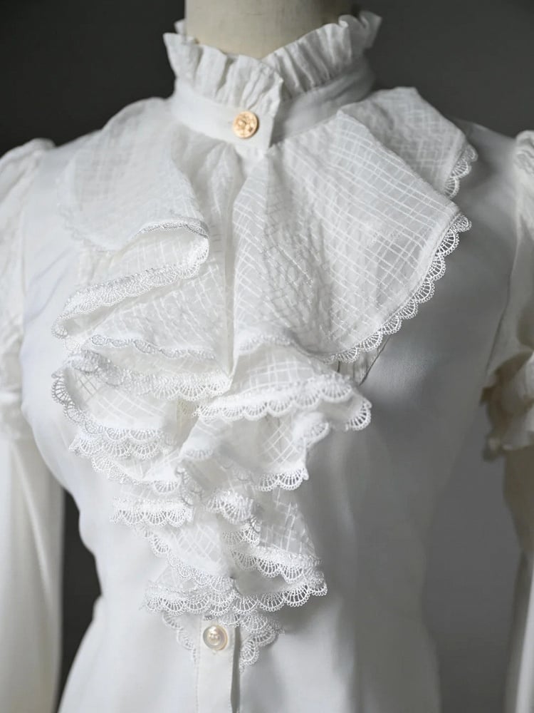 White High-low Long Sleeves Neck Jabot Hem Shirt High Ruffled