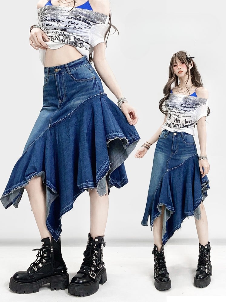 Mermaid Hem Asymmetrical Blue Y2K Skirt