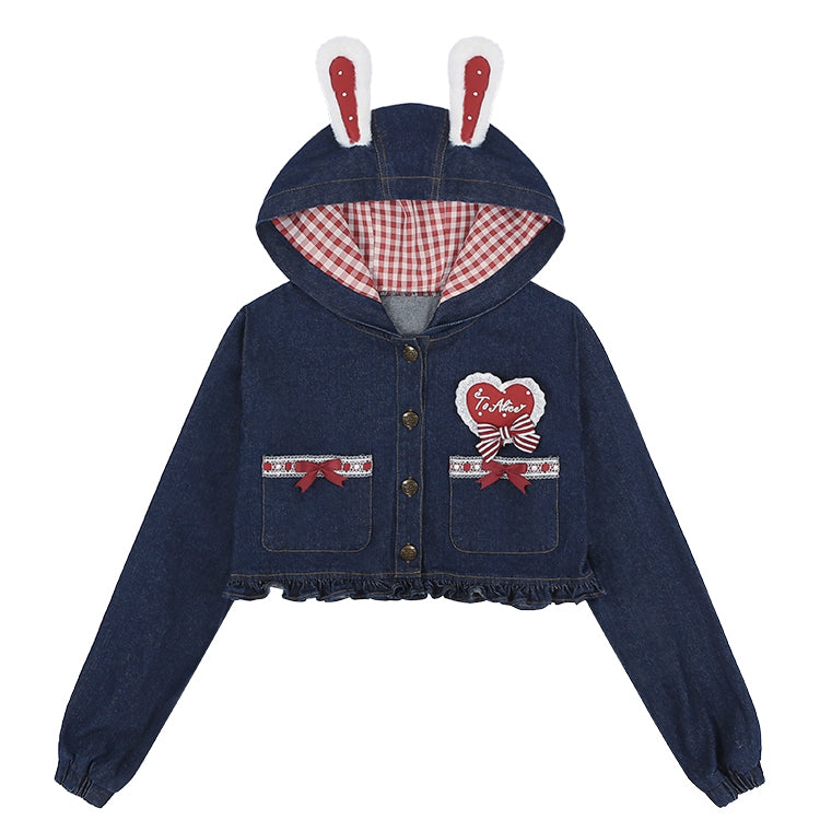 Marineblaue Jeans-Kurzjacke mit Herz-Applikation und Hasenohren und Rüschensaum