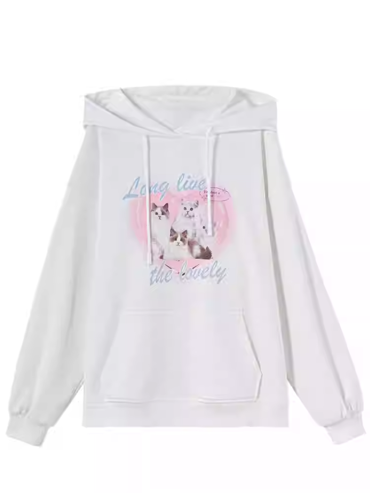 Weißer, lockerer Hoodie mit Katzen-Print