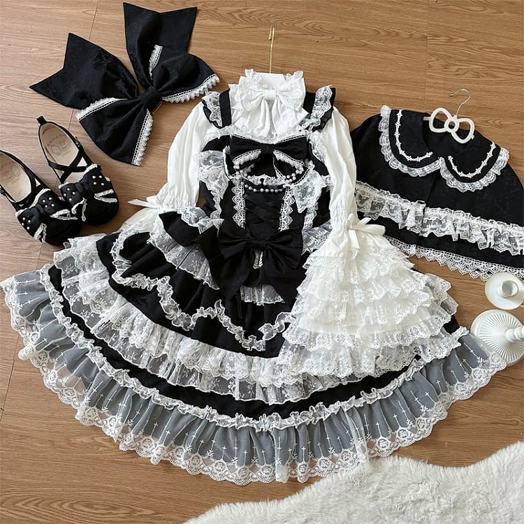 Decorated Dress Jumper Black Skirt Trims Lolita White Bows Hanayome Lace