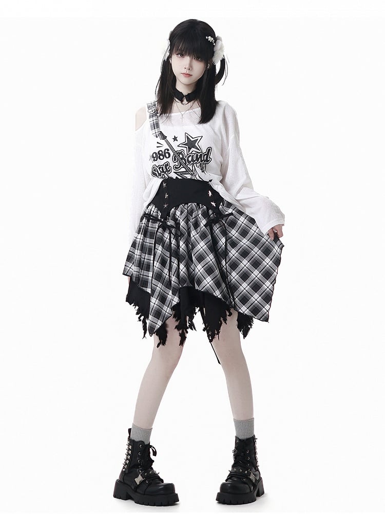 Plaid Skirt White /Black Frayed Handkerchief Hem Blue