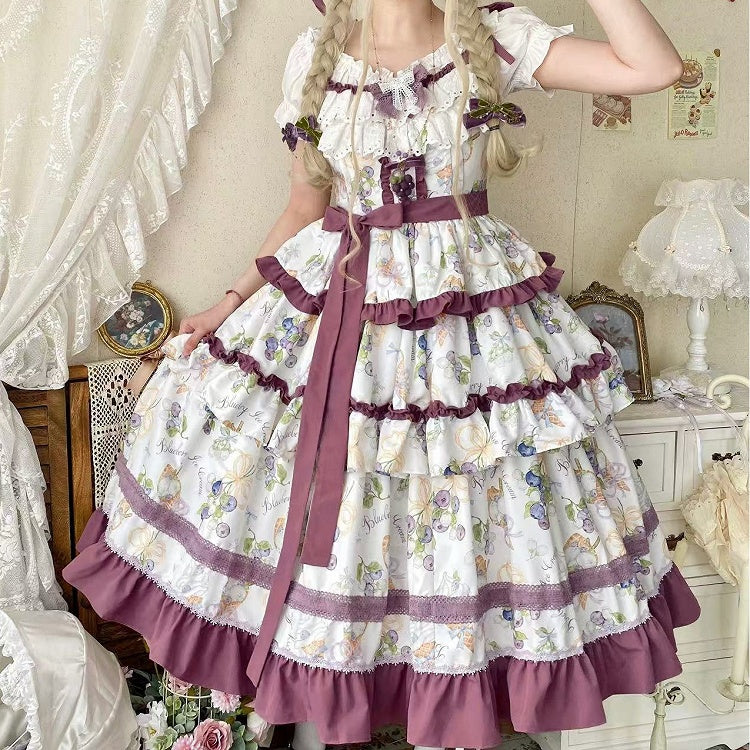 Lolita Ruffle and Ice Cream Purple Skirt Tiered Blueberry Dress Print Trimming