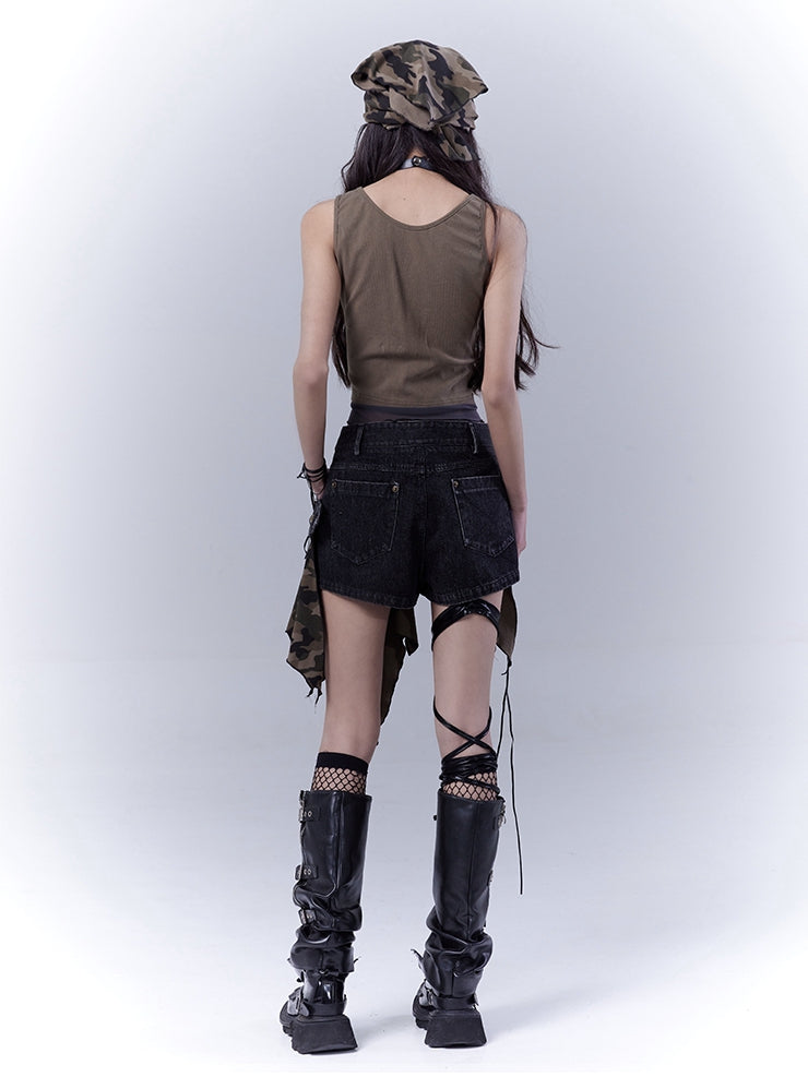 Grünes, geschnürtes Schulter- und asymmetrisches Saum-Tanktop Wasteland Punk Army